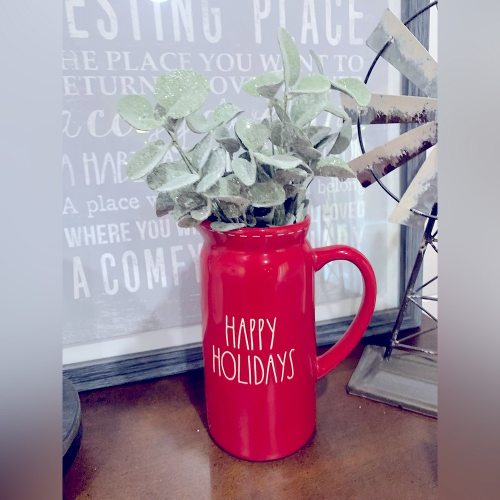 Rae Dunn HAPPY HOLIDAYS red pitcher w/stitching